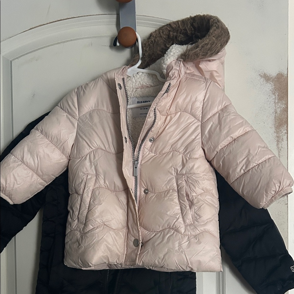 Old Navy Light Pink Kids Puffer Jacket with Faux Fur Hood